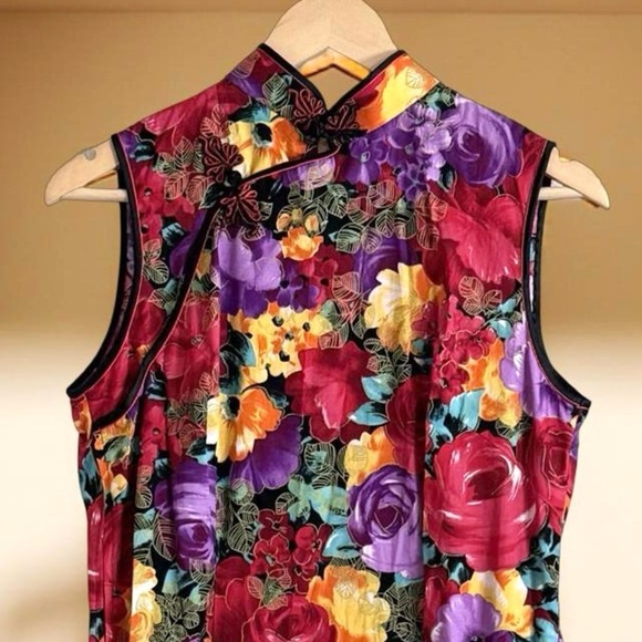 Vintage 90s/Y2K Blue Floral body hugging,Chinese Maxi Slip Dress,bold floral - Picture 3 of 7